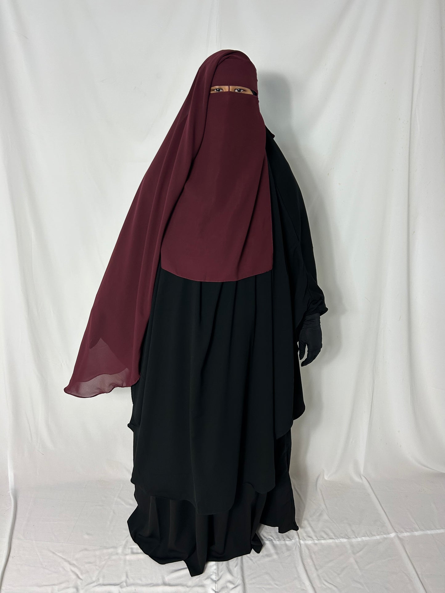 Long Two Layer Niqab With Nose string - Burgundy