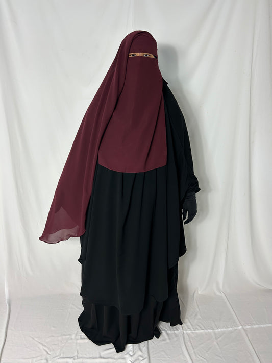 Long Two Layer Niqab With Nose string - Burgundy
