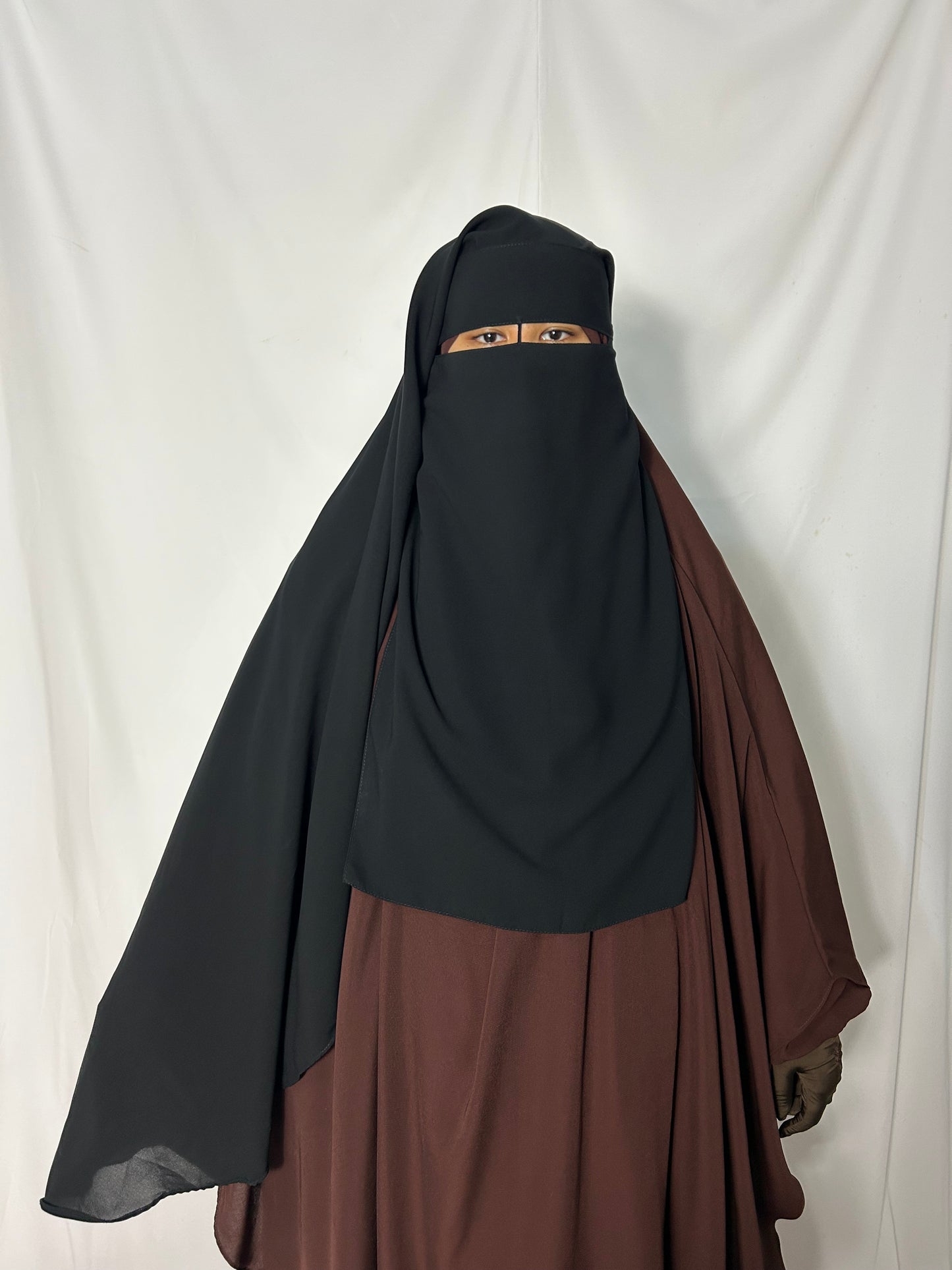 Long Two Layer Niqab With Nose string - Black