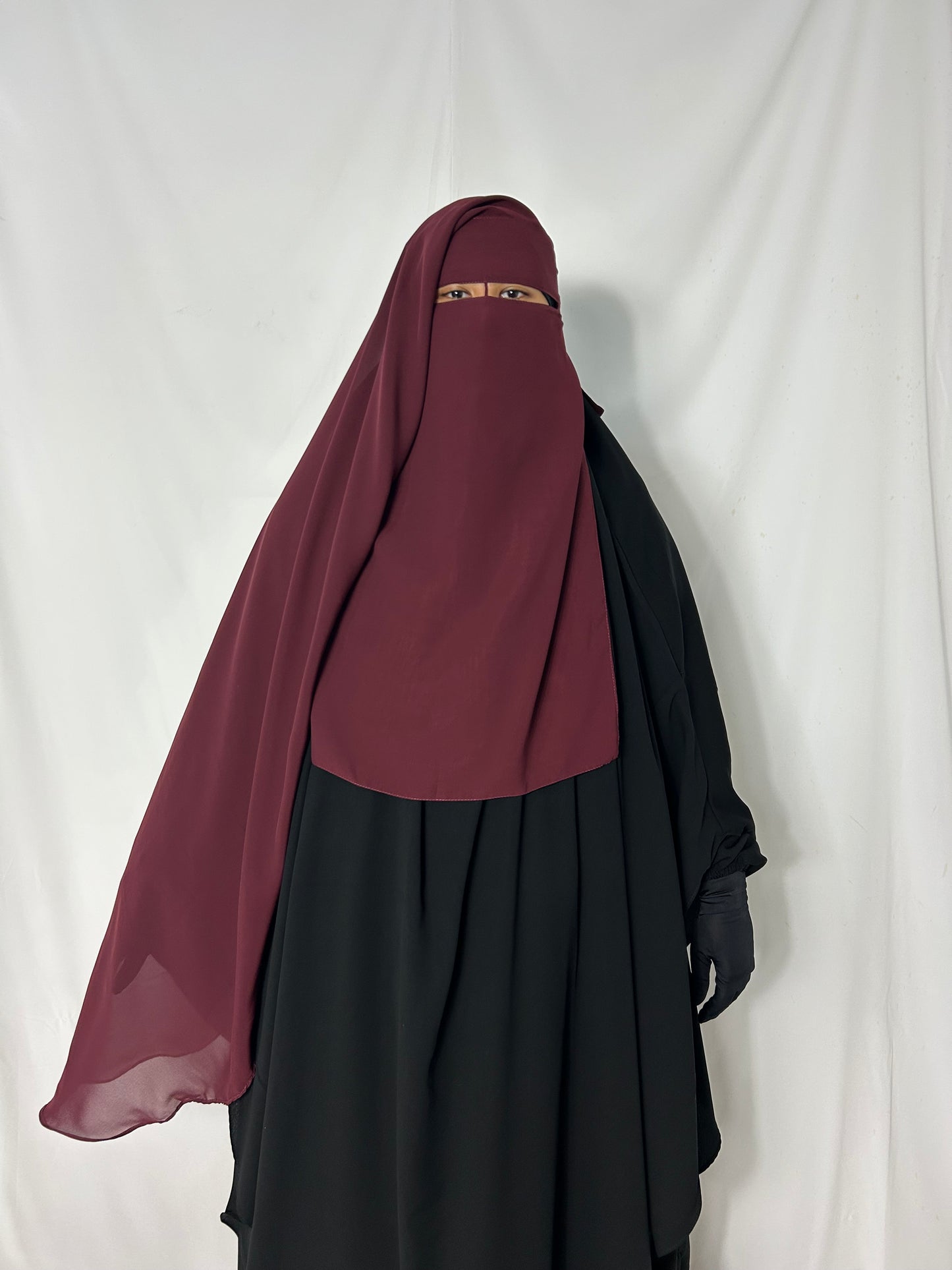 Long Two Layer Niqab With Nose string - Burgundy